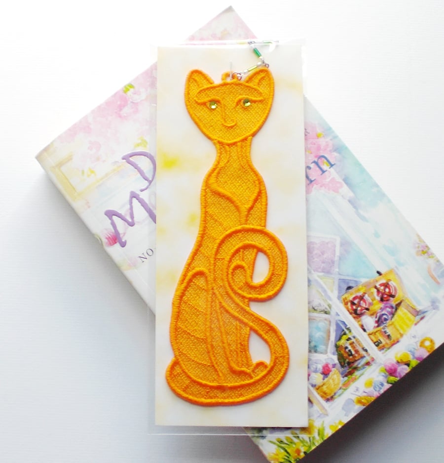 Cat Bookmark, embroidered lace, reduced
