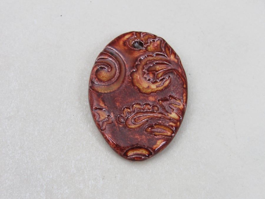 Large Bright Copper Brocade Ceramic Pendant