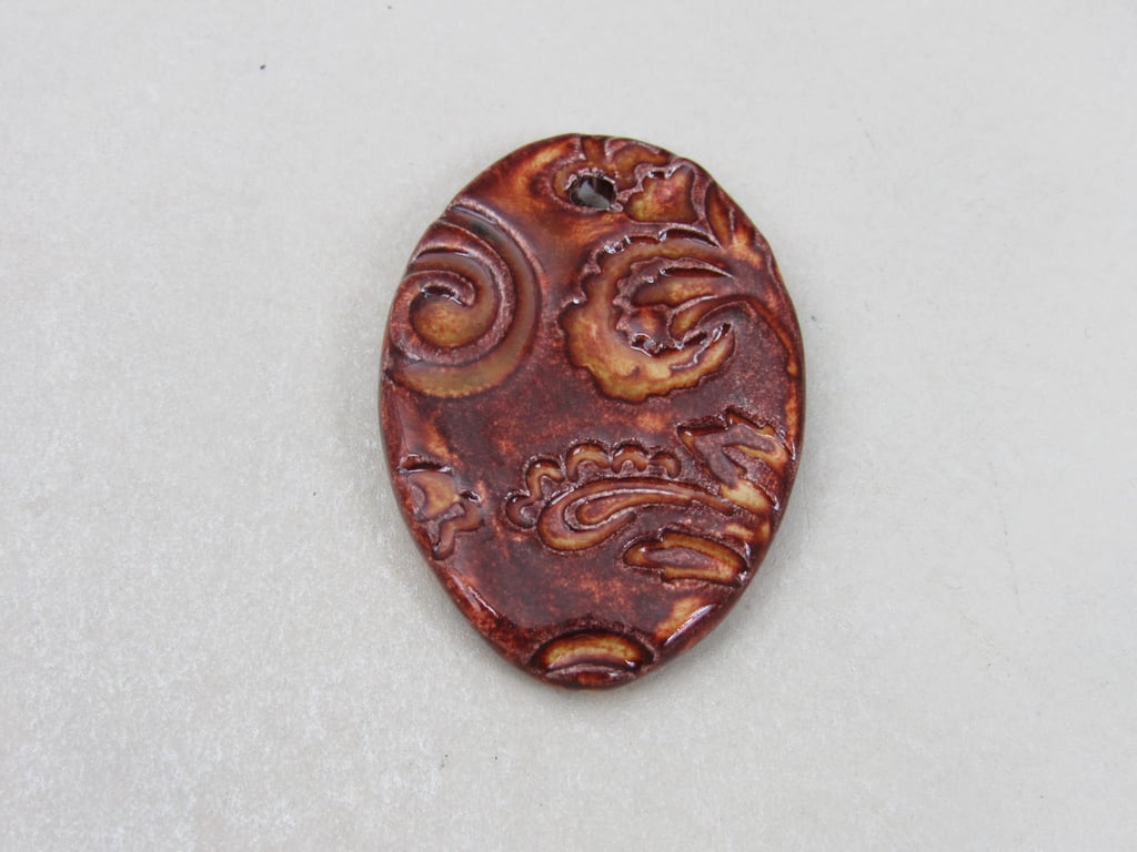 Large Bright Copper Brocade Ceramic Pendant