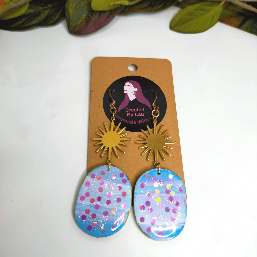  Blue Purple & Pink Polymer Clay Oval Dangle Earrings with Sun Charm