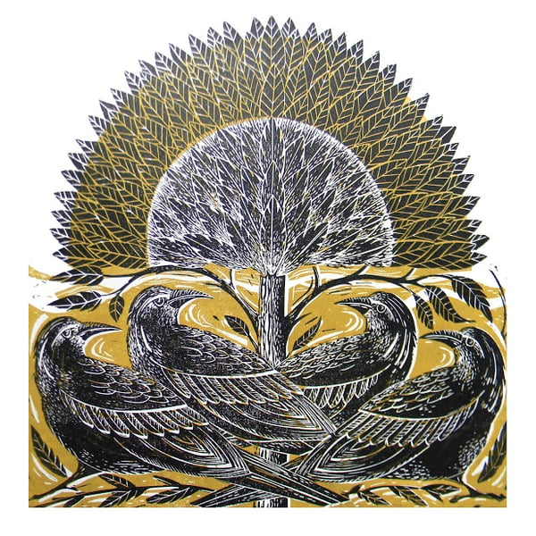 Four Crows Original Linocut Print Mustard Yellow