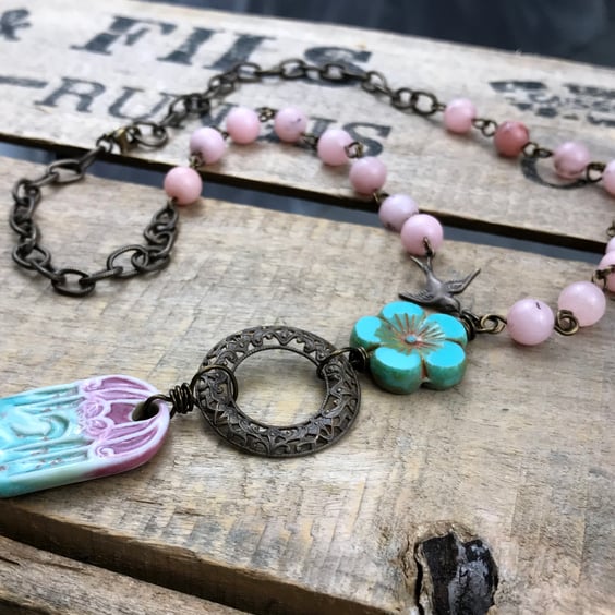 Whimsical Ceramic Birdhouse Necklace - Pink & Turquoise Handmade Jewellery