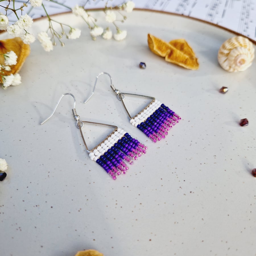 Long dangle beaded earrings Seed bead earrings Fringe earrings White and purple 