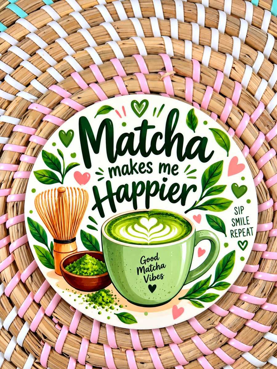 Matcha Makes Me Happier Wooden Coaster – Cute Matcha Tea Design – Handmade Green