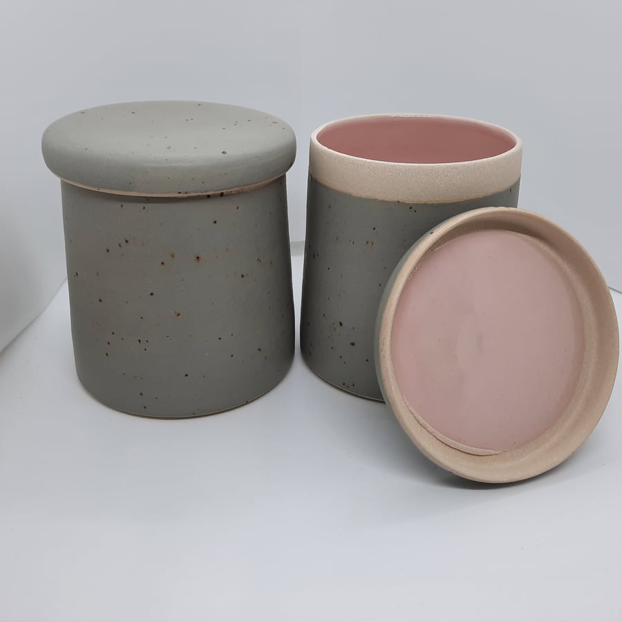 Pink and grey ceramic storage jar