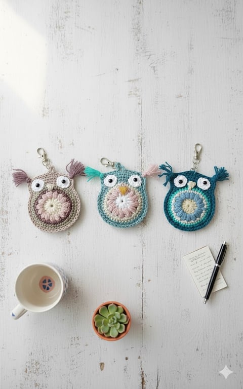 Handmade Crochet Owl Keychain  Boho Bag Charm with African Flower