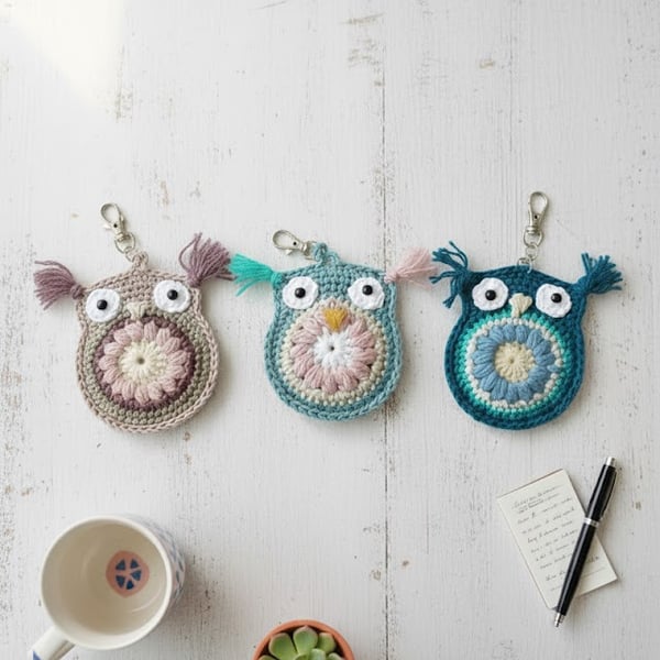 Handmade Crochet Owl Keychain  Boho Bag Charm with African Flower