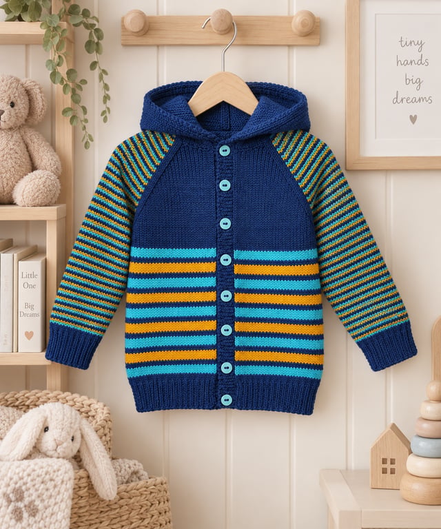Baby Boy's Hand-knitted Hooded Cardigan, Navy, Turquoise and Stripe, 9-12 mnths