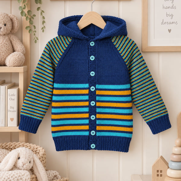 Baby Boy's Hand-knitted Hooded Cardigan, Navy, Turquoise and Stripe, 9-12 mnths