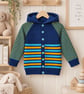 Baby Boy's Hand-knitted Hooded Cardigan, Navy, Turquoise and Stripe, 9-12 mnths