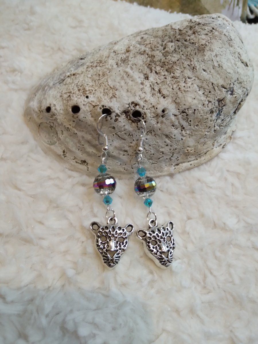 Austrian art crystal bead and Tibetan Silver LEOPARD HEAD bead EARRINGS