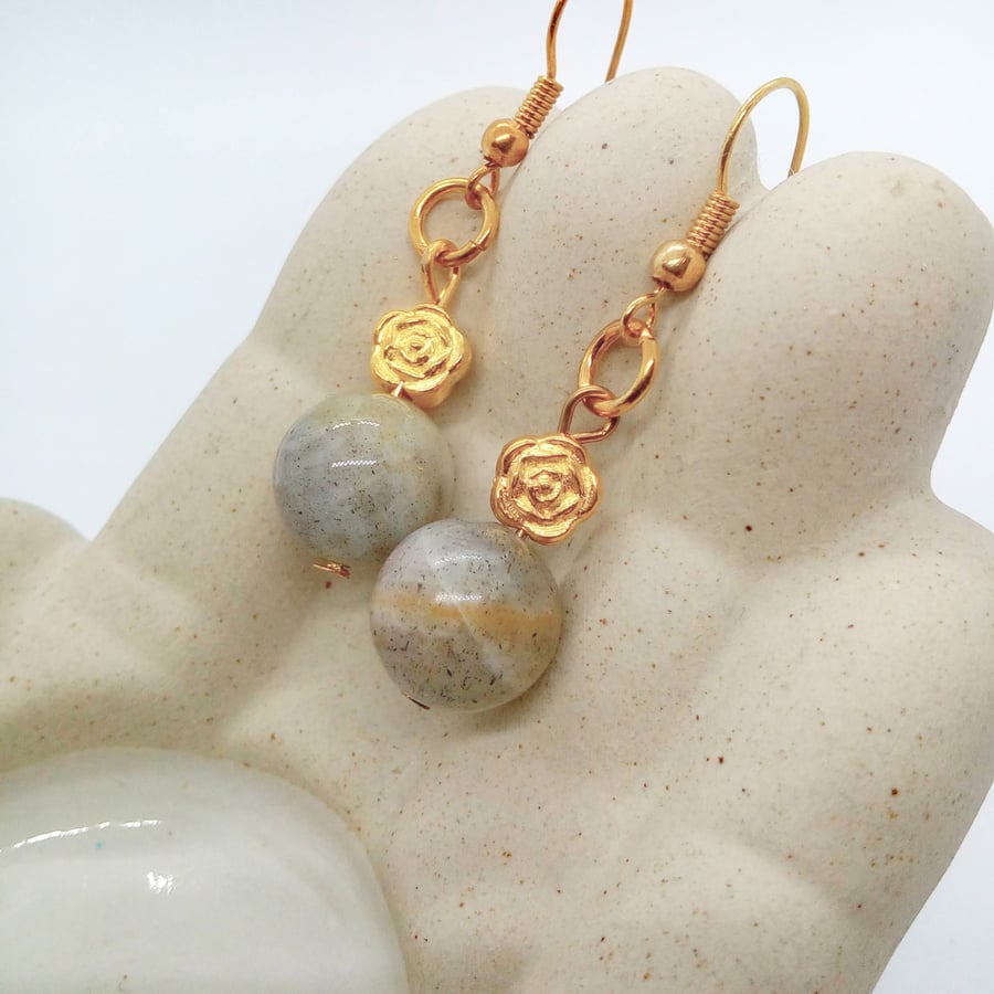 Round Charcoal Grey Agate Bead Earrings with Gold Flower Bead, Gift for Her