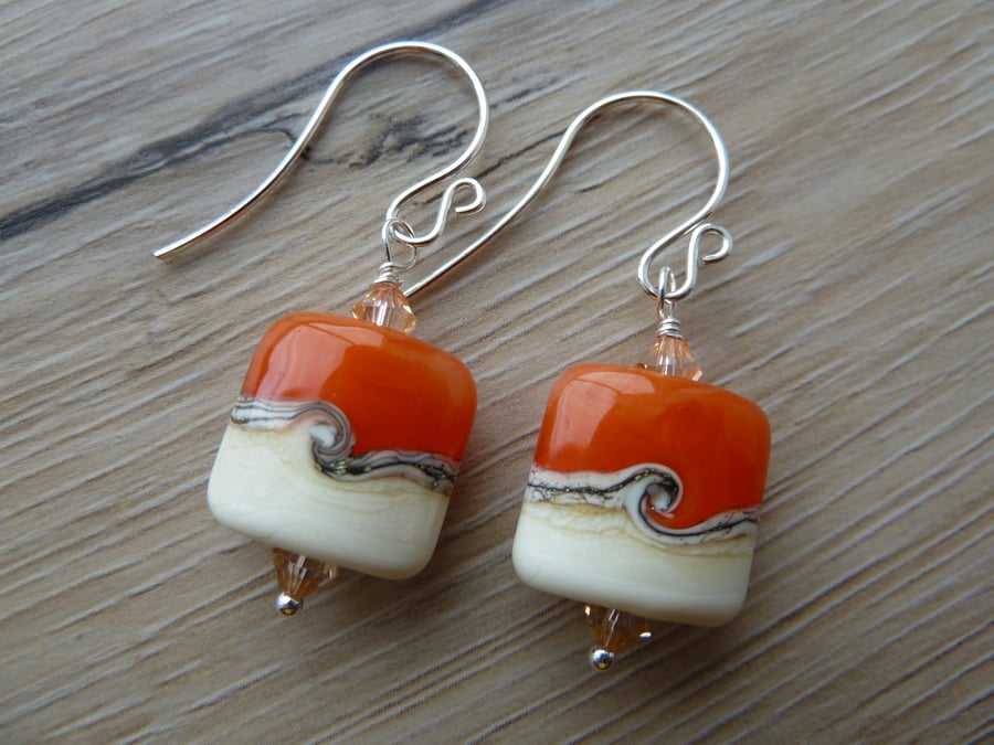 sterling silver orange and ivory lampwork glass earrings