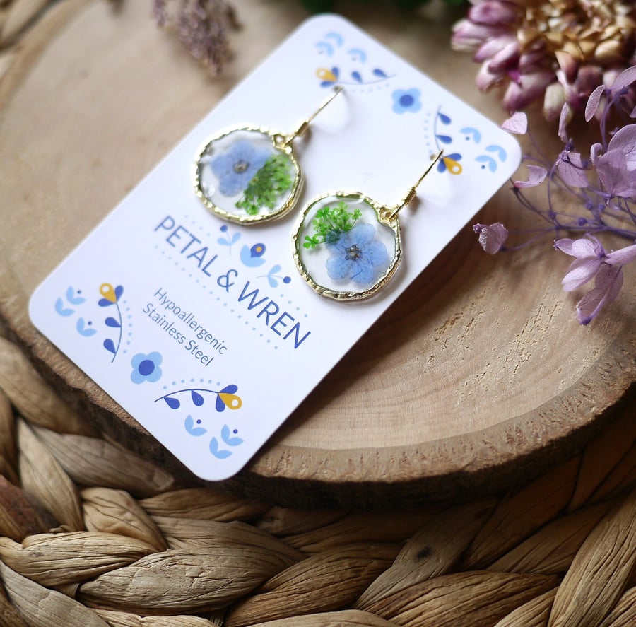 Forget Me Not Real Pressed Floral Hypoallergenic Dangle Earrings