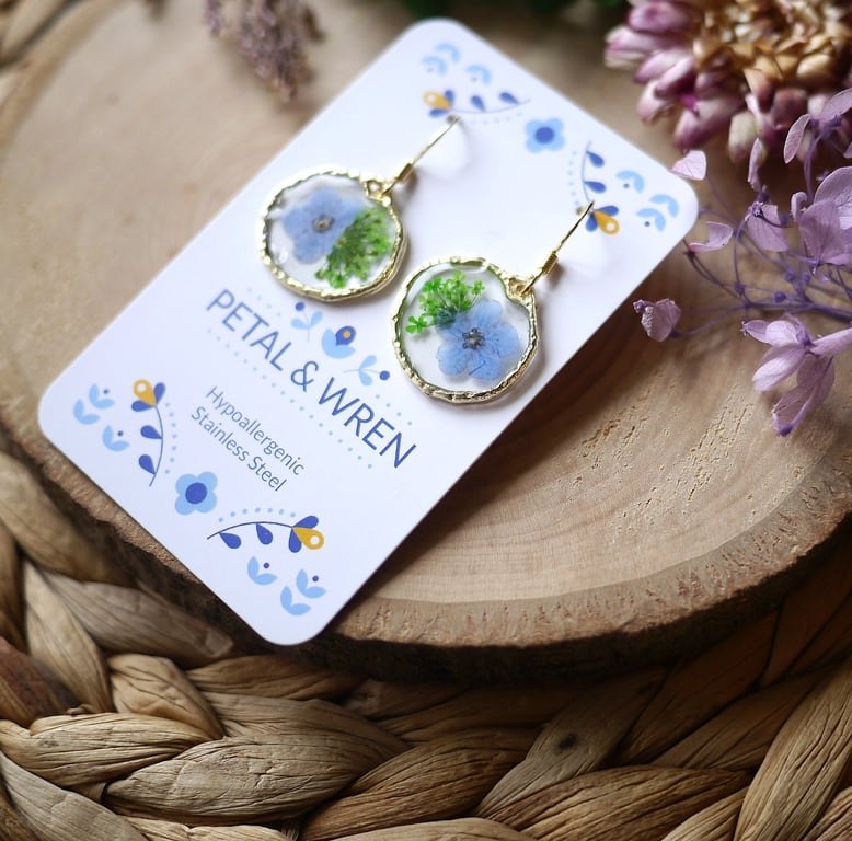 Forget Me Not One of a kind Real Pressed Floral Hypoallergenic Drop Earrings