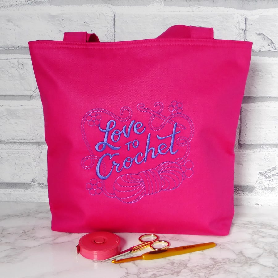 SALE: Embroidered craft bag for crochet, small tote bag