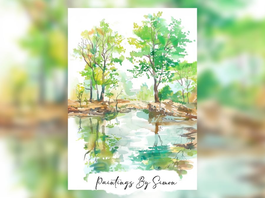 Serene Lakeside Trees, Watercolor Painting Print 5"x7" on Matte Paper