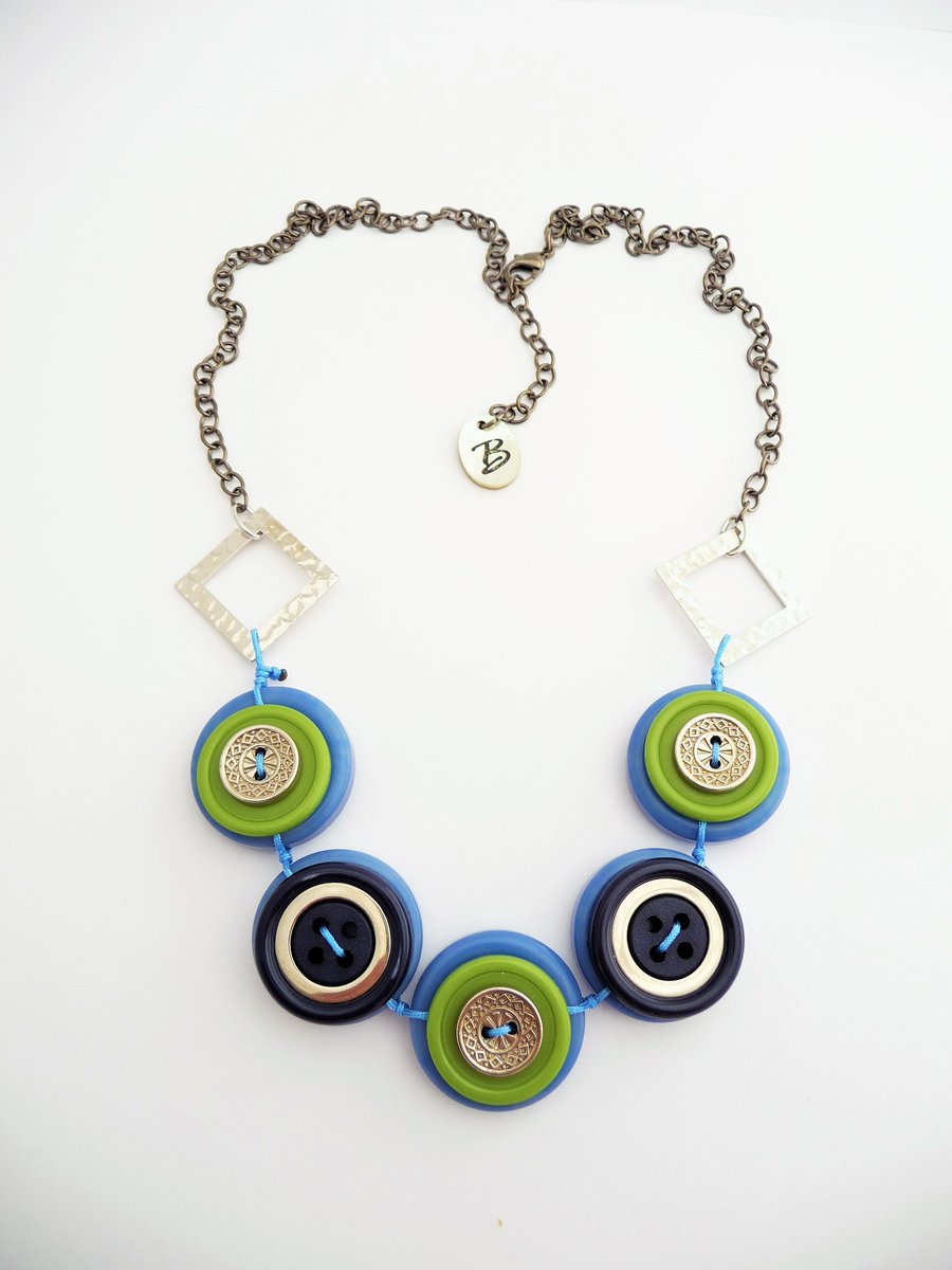 Smoky Blue - olive Green and Navy -  Buttons Handmade Necklace  FY-003