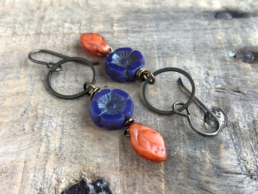 Purple & Orange Czech Bead Earrings. Glass Flower Earrings. Glass Leaf Earrings