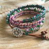 Beautiful green and pink handwoven leather beaded 3x wrap cuff bracelet.