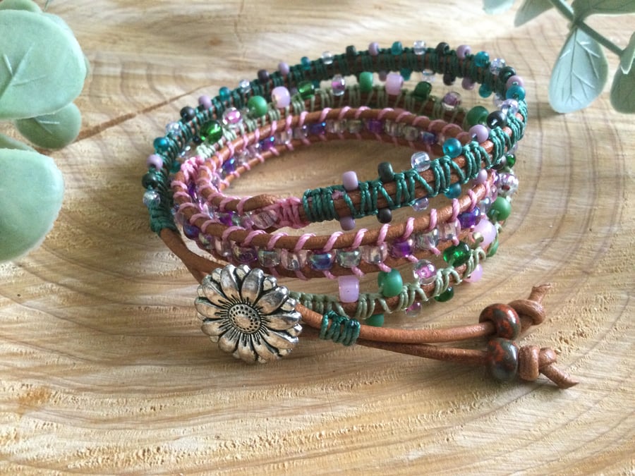 Beautiful green and pink handwoven leather beaded 3x wrap cuff bracelet.