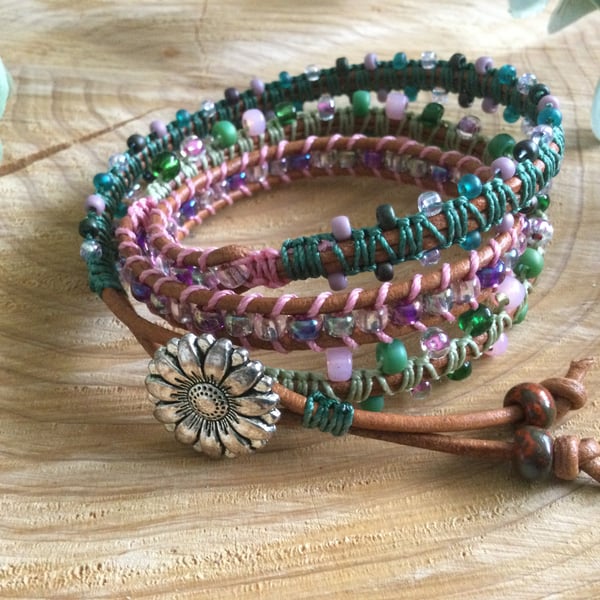 Beautiful green and pink handwoven leather beaded 3x wrap cuff bracelet.