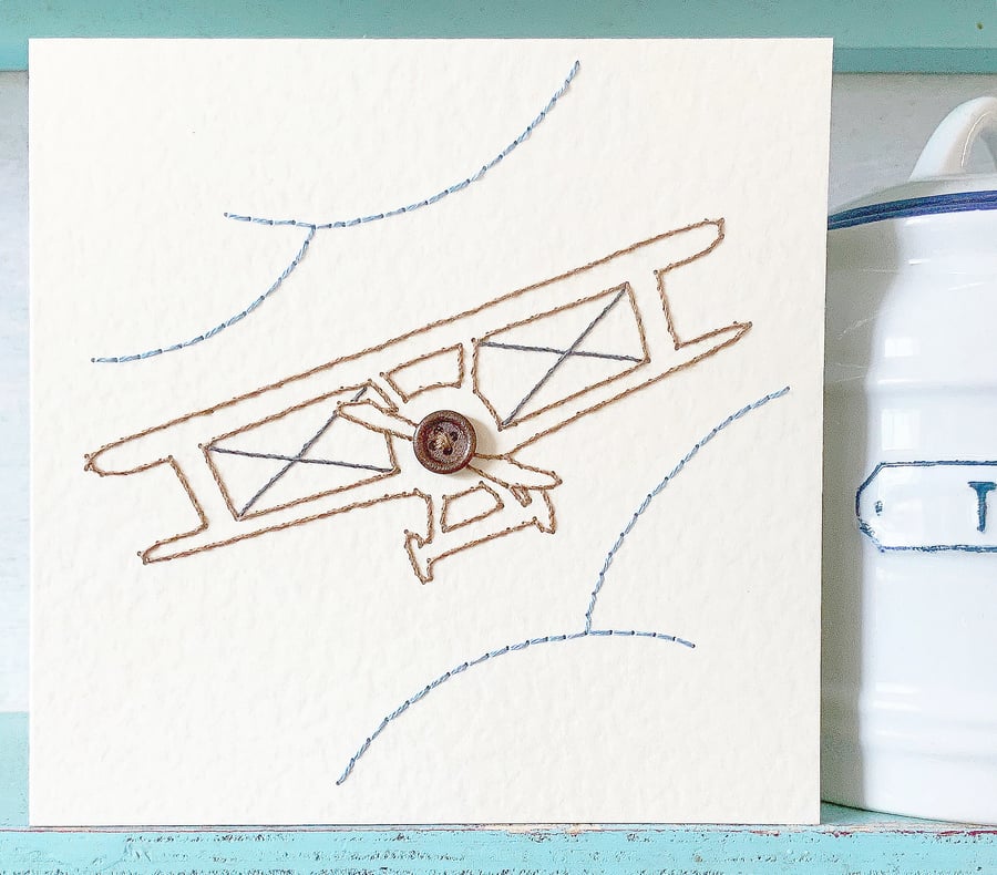 Aeroplane Card. Hand Sewn Card. Biplane Card. Blank Card. Plane Card. Transport