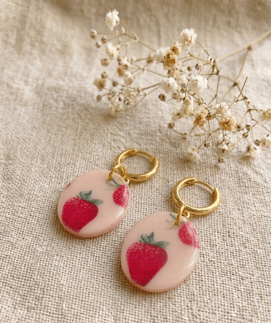 Strawberry hoop earrings, Fruit dangle jewelry for gift