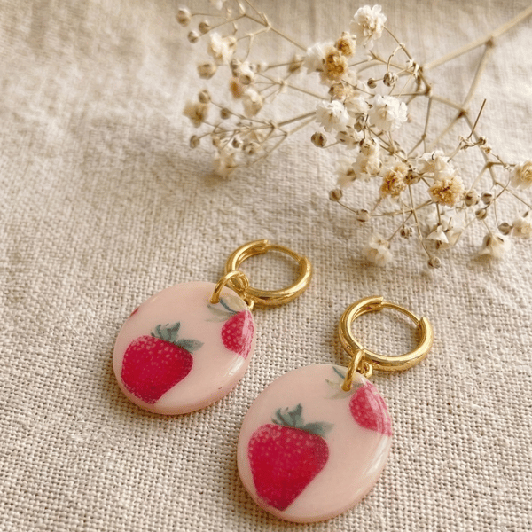 Strawberry hoop earrings, Fruit dangle jewelry for gift