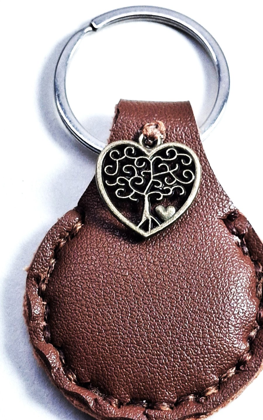 Brown Leather Hand Stiched Keyring.   a metal Tree of Life Charm .  FREE Postage