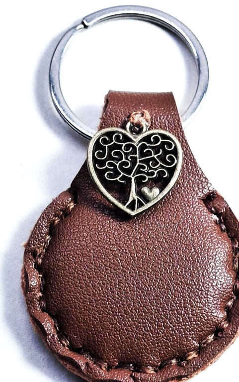 Brown Leather Hand Stiched Keyring.   a metal Tree of Life Charm .  FREE Postage