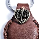 Brown Leather Hand Stiched Keyring.   a metal Tree of Life Charm .  FREE Postage