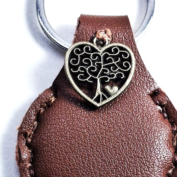 Brown Leather Hand Stiched Keyring.   a metal Tree of Life Charm .  FREE Postage