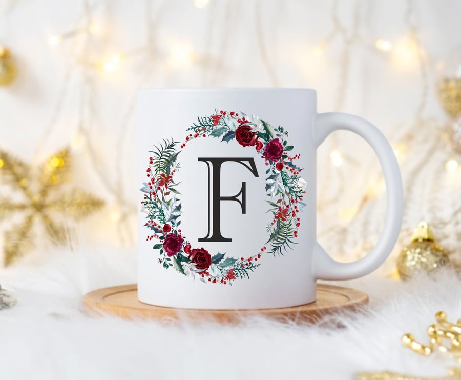 Christmas mug gift, winter flower wreath, personalised initials 