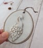 WALL DECORATION hand-built stoneware small peacock plaque ornament in white - Image 4