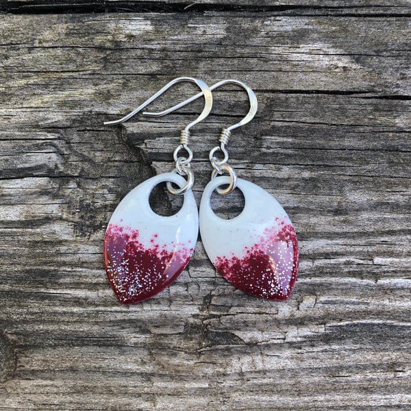 ‘Scarlet’ Red, white and glitter enamel scale earrings. Sterlin silver. 