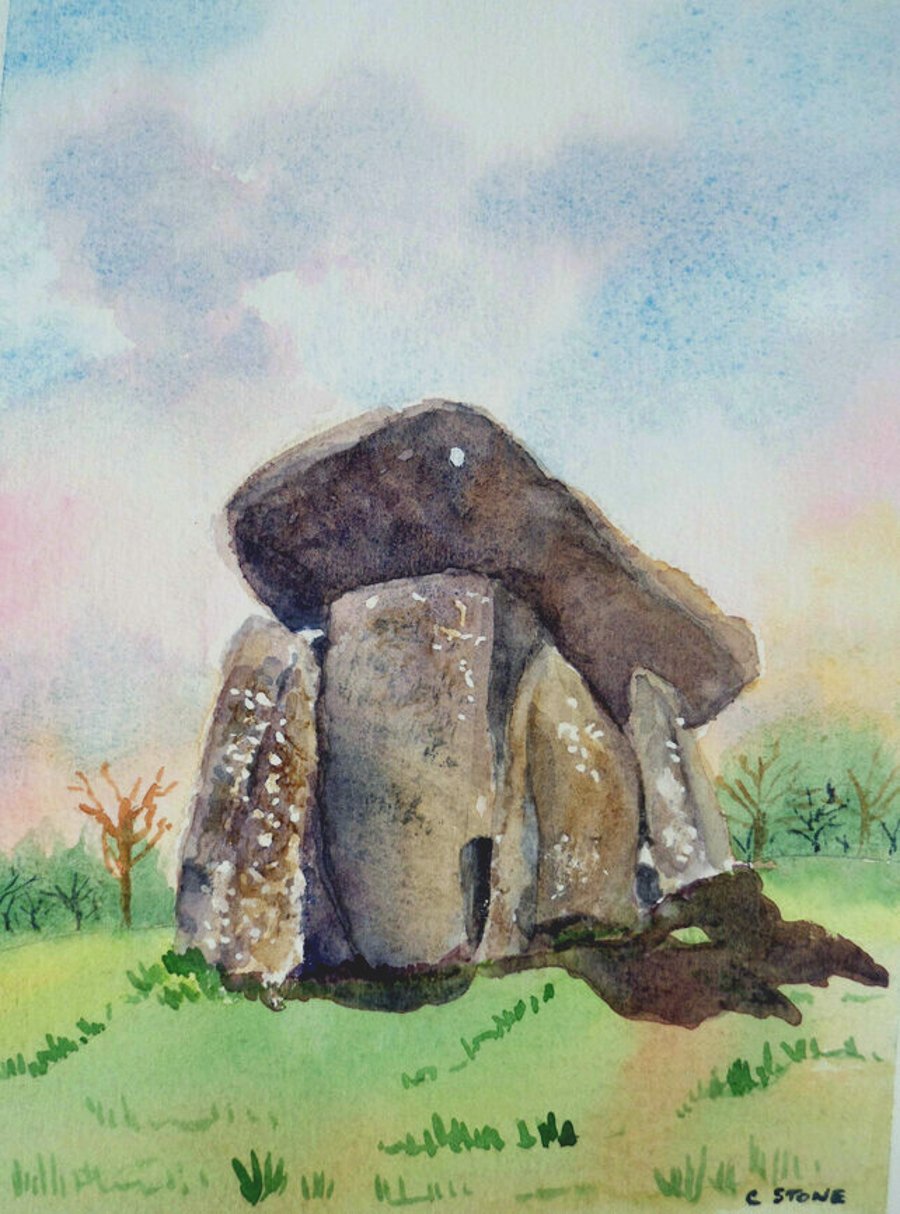 Trethevy Quoit Neolithic monument near Liskeard Cornwall original watercolour 