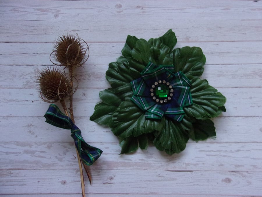 Campbell Tartan Plaid Dark Green Fabric Leaf Flower Brooch Corsage 