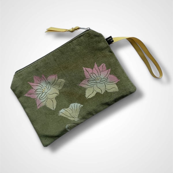 Lotus Flower Zip-Up Pouch in Olive Velvet with Wrist Strap