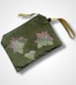 Lotus Flower Zip-Up Pouch in Olive Velvet with Wrist Strap