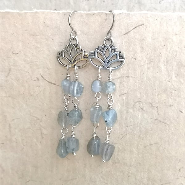 Labradorite and lotus flower drop earrings with titanium ear wires
