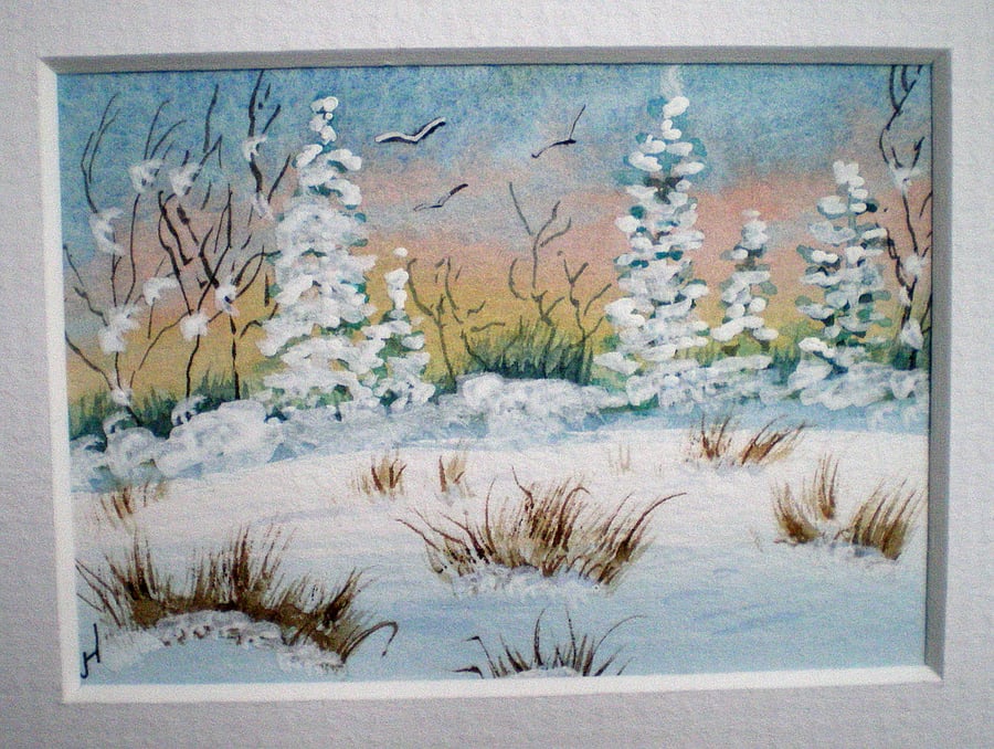 ACEO Original Water Colour Landscape  Painting ' Snow at Dawn 2.5 x 3.5 ins