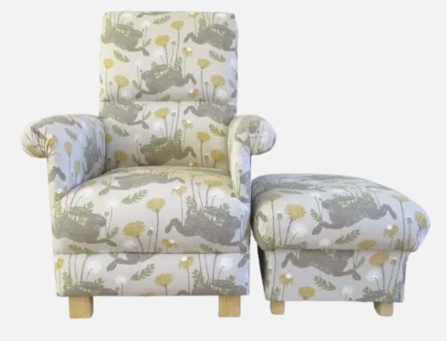 Clarke March Hare Fabric Adult Chair & Footstool Linen Mustard Armchair Nursery