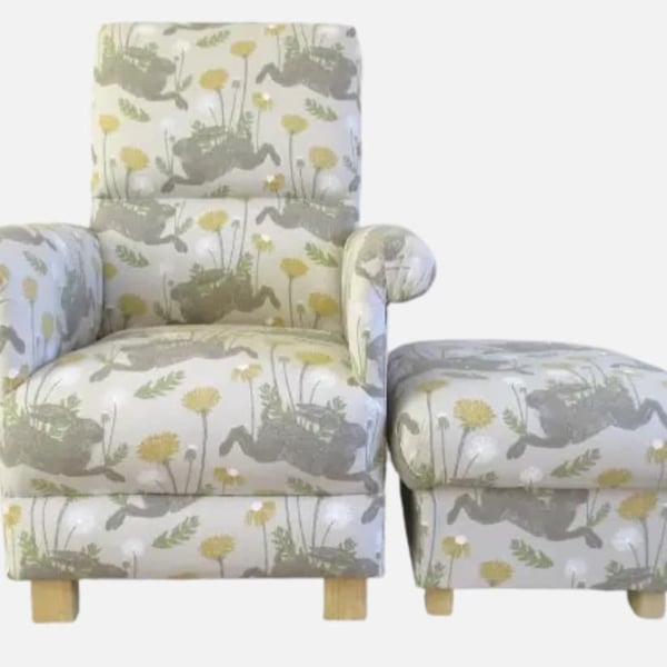 Clarke March Hare Fabric Adult Chair & Footstool Linen Mustard Armchair Nursery