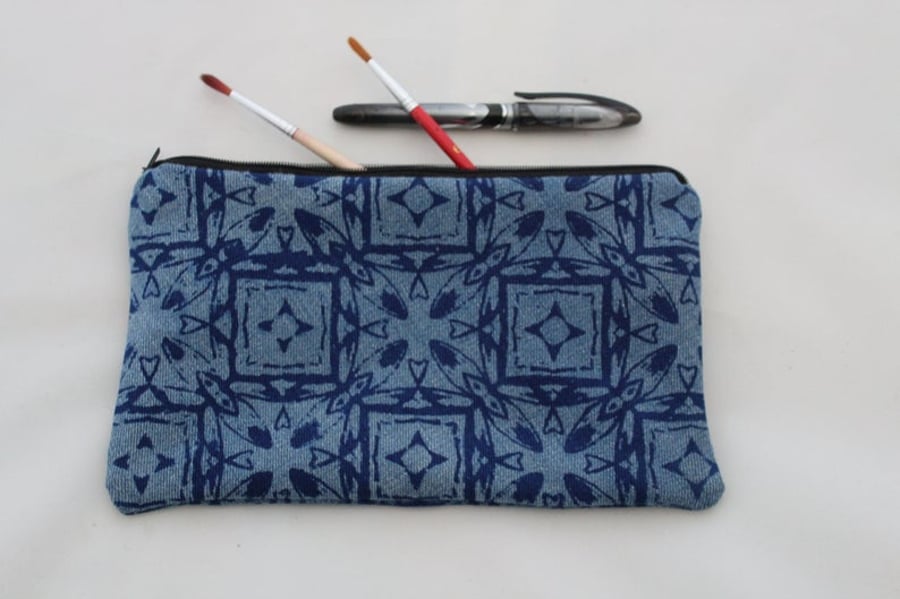 zip up blue bag, hand printed geometric print,Eco make up bag, pouch,pencil case