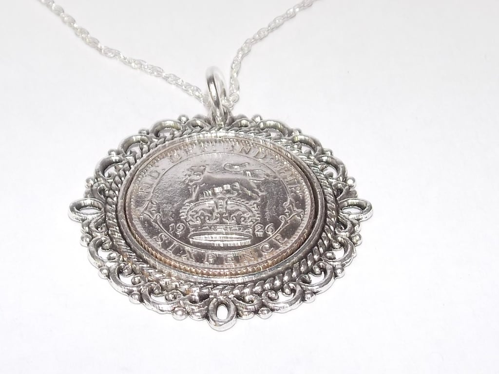 Fancy Pendant 1926 Lucky sixpence 100th Birthday plus Sterling Silver 18in Chai