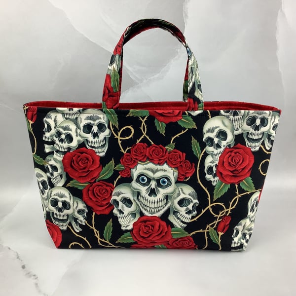 Skulls and roses tote bag, Gothic shopper, handmade in Sussex