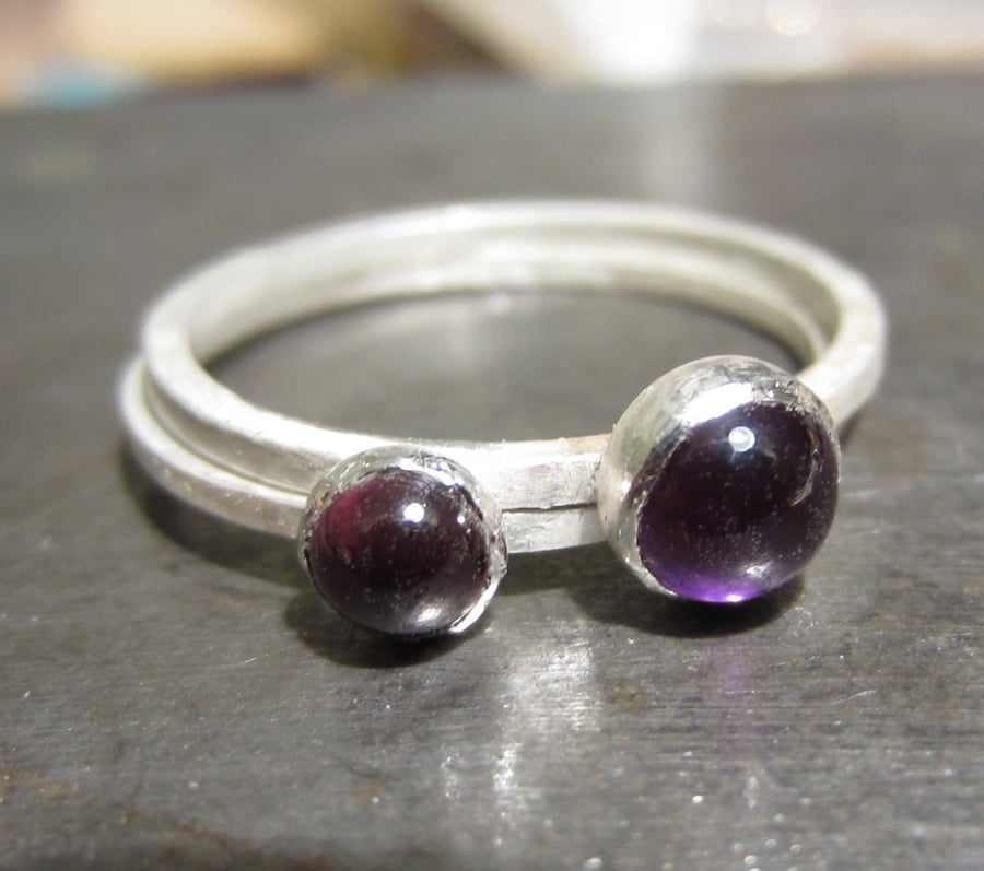 purple amethyst and dark red garnet stacking rings