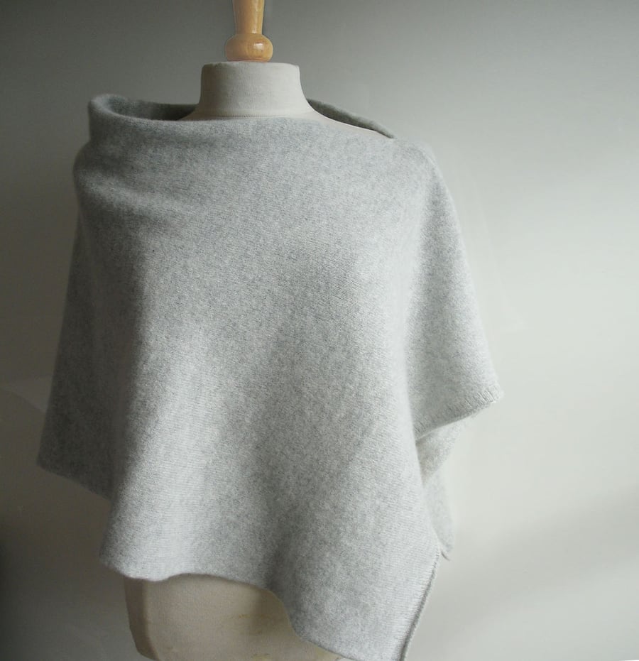 Poncho Knitted in Pure Lambswool in British Spun Wool Colour Palest Grey