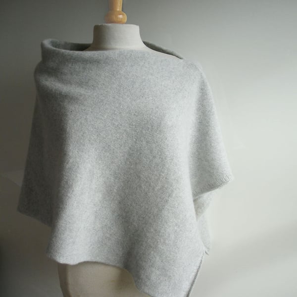Poncho Knitted in Pure Lambswool in British Spun Wool Colour Palest Grey